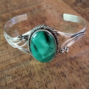 Malachite bangle bracelet.  Sterling silver adjustable